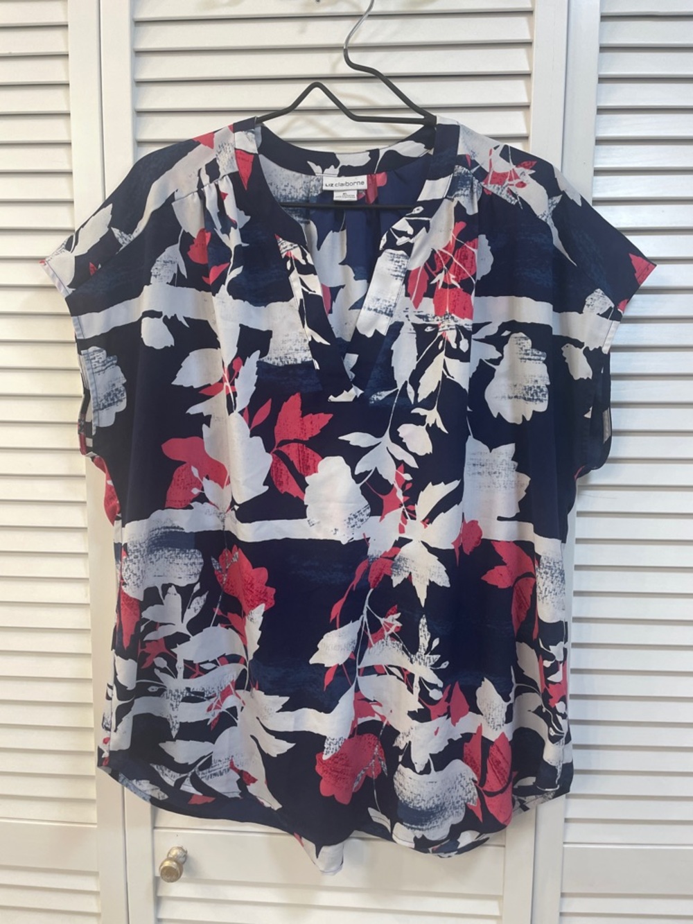Liz Claiborne Navy Floral Print Cap Sleeve V Neck Pull Over Blouse Size XL